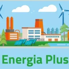 Ilustracja przedstawia nowoczesną fabrykę z turbinami wiatrowymi i panelami słonecznymi, symbolizującą program Energia Plus i ekologiczne rozwiązania.