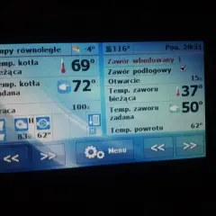 Ustawienie zaworu mieszającego do podłogówki: otwarcie 15%, temp. bieżąca 37°, zadana 50°.