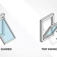 Ilustracje pokazują dwa rodzaje okien otwieranych do góry: "Top Guided" (otwierane w dół) i "Top Swing" (obrotowe).