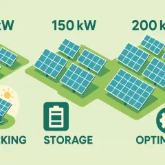Ilustracja porównuje wielkość farm fotowoltaicznych: 100 kW, 150 kW i 200 kW. Pokazuje też opcje: śledzenie słońca, magazynowanie energii i optymalizację.
