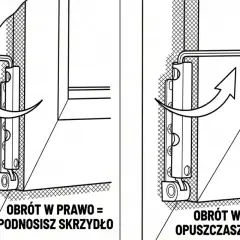 Regulacja docisku okna: obrót kluczem w prawo podnosi skrzydło, w lewo opuszcza.
