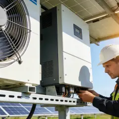 Technik instaluje system chłodzenia paneli fotowoltaicznych, zapewniając ich optymalną pracę.