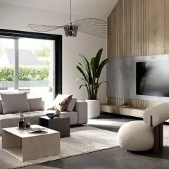 Nowoczesny salon z szarą kanapą, stolikami i dużym telewizorem. Przez **czarne okna** widać zielony ogród.
