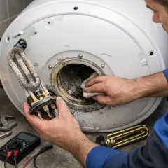 Technik czyści wnętrze bojlera, przygotowując się do wymiany grzałki. Widać narzędzia i nową grzałkę.