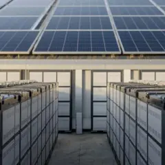 Rozbudowa instalacji fotowoltaicznej: rzędy baterii magazynujących energię pod panelami słonecznymi.