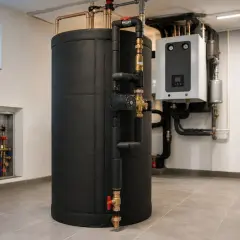 Nowoczesny bufor do pieca gazowego, część instalacji grzewczej z pompą i zaworami, obok kotła i zasobnika.