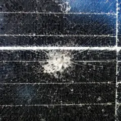 Uszkodzony panel fotowoltaiczny z pękniętym szkłem. Takie uszkodzenia obniżają wydajność paneli fotowoltaicznych.
