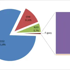 Wykres kołowy pokazuje, że podatek od emisji CO2 (81,8%) jest głównym źródłem zanieczyszczeń, w porównaniu do CH4 (11,6%) i N2O (5,7%).