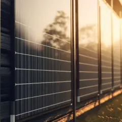Nowoczesny płot z paneli fotowoltaicznych odbija ciepłe światło zachodzącego słońca, tworząc zieloną energię.