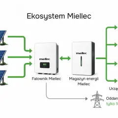 Schemat ekosystemu Miellec: panele fotowoltaiczne, falownik, magazyn energii, urządzenia domowe i oddawanie nadwyżek do sieci. Sprzedaż energii z fotowoltaiki przez firmę.