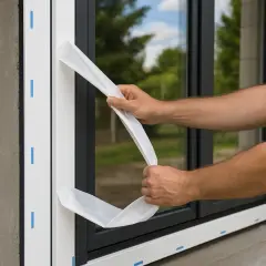 Ręce zdejmują białą folię ochronną z nowego okna plastikowego. Prosty sposób, jak usunąć naklejki z okien plastikowych.