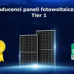 Producenci paneli fotowoltaicznych Tier 1: złoty medal, dwa panele i logo Bloomberg.