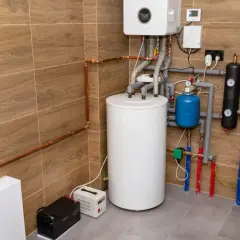 Kotłownia gazowa powyżej 60 kW wymaga odpowiedniego osprzętu, jak ten widoczny na zdjęciu: bojler, zbiornik przeponowy, pompy i liczne rury.
