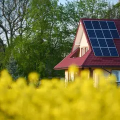Dom z panelami fotowoltaicznymi na dachu, otoczony zielenią i kwitnącym polem. Ogrzewanie zasilane słońcem.