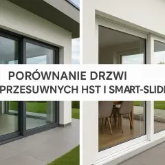Porównanie drzwi przesuwnych HST i smart-slide. Dwa ujęcia nowoczesnych drzwi tarasowych, jedno z ciemną ramą, drugie z białą.