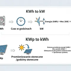 Wyjaśnienie, co to kWp: moc panelu (kWp) pomnożona przez efektywną liczbę godzin nasłonecznienia (h) daje dzienną produkcję energii (kWh).