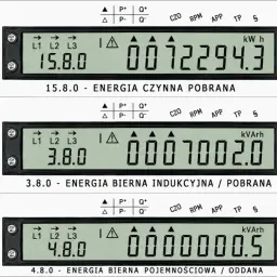 NORAX 3: opis wyświetlacza pokazuje pomiar energii czynnej 15.8.0 kWh, biernej indukcyjnej 3.8.0 kVArh i biernej pojemnościowej 4.8.0 kVArh.