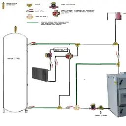Schemat podłączenia bufora do pieca na drewno. Widoczny bufor 2700L, piec VIGAS 40 kW, pompy, zawory i zbiornik wyrównawczy.