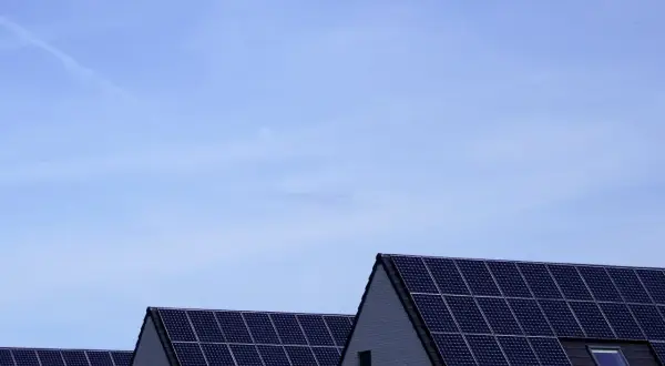Dachy domów pokryte panelami fotowoltaicznymi. Stabilizator napięcia fotowoltaika zapewnia optymalną pracę instalacji.