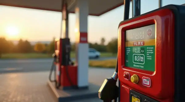 Czerwony licznik przedpłatowy na stacji paliw pokazuje cenę 2.82 PLN/litr. Zachód słońca maluje niebo na złoto.
