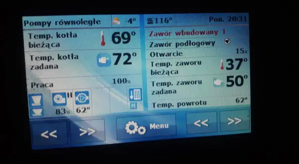 Ustawienie zaworu mieszającego do podłogówki: otwarcie 15%, temp. bieżąca 37°, zadana 50°.