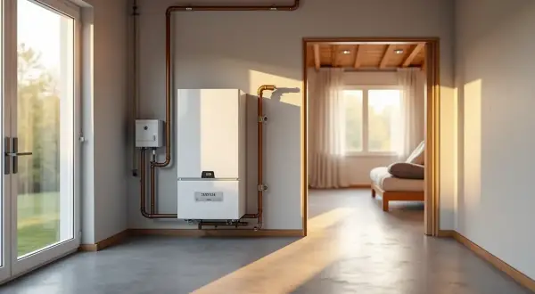 Nowoczesny piec gazowy 25 kW, idealny do ogrzania domu o powierzchni do 250 m². Widoczny w pomieszczeniu z oknem i drzwiami.
