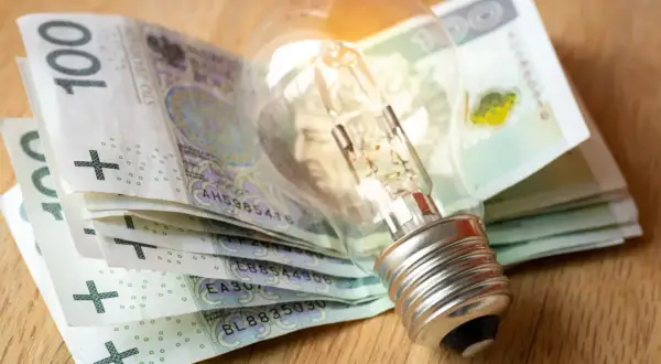 Żarówka na stosie banknotów 100 zł. Symbolizuje wysokie rachunki za prąd i potrzebę oszczędzania.