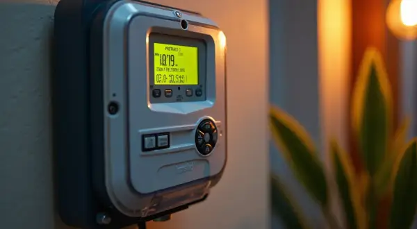 Cyfrowy licznik energii elektrycznej z podświetlanym ekranem, pokazujący stan "PREPAID 0". Dowiedz się, jak doladowac licznik, aby zapewnić ciągłość dostaw prądu.