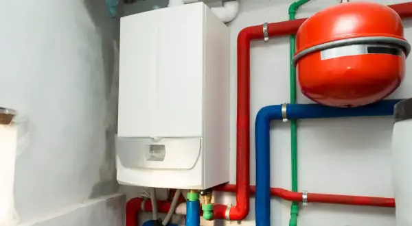 Instalacja pieca gazowego z czerwonym naczyniem przeponowym i kolorowymi rurami.