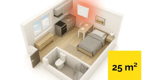 Jaki grzejnik elektryczny do pokoju 25m²? Wnętrze kawalerki z łóżkiem, aneksem kuchennym i łazienką, ogrzewane przez nowoczesny panel.