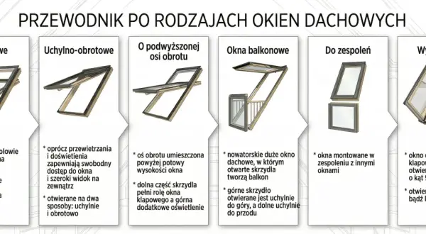 Przewodnik po rodzajach okien dachowych: obrotowe, uchylno-obrotowe, z podwyższoną osią obrotu, balkonowe, do zespoleń, wyłazowe. Kluczowy jest współczynnik przenikania ciepła okna.