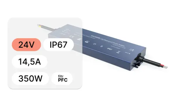 Zasilacz LED 24V 350W, IP67, 14,5A. Filtr PFC zapobiega przekroczeniu mocy umownej.