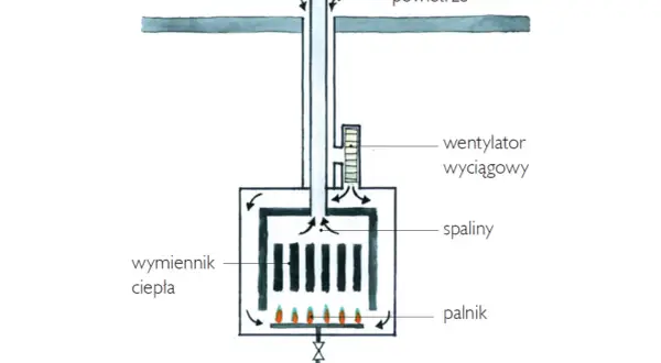 Schemat kotła z otwartą komorą spalania. Gaz zasila palnik, ogrzewając wymiennik ciepła. Powietrze jest zasysane, a spaliny odprowadzane przez wentylator.