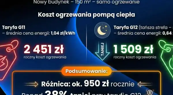 Porównanie kosztów ogrzewania pompą ciepła: taryfa dwustrefowa G12 jest o 950 zł rocznie tańsza niż G11.