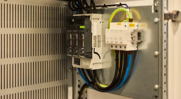 Wnętrze szafy elektrycznej z bezpiecznikami i przewodami. Sprawdź, jak sprawdzić czy falownik działa, analizując połączenia i wskaźniki.