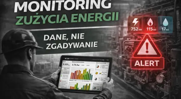 Monitorowanie zużycia energii w czasie rzeczywistym. Na ekranie tabletu wykresy i alerty, wskazujące na potrzebę optymalizacji.