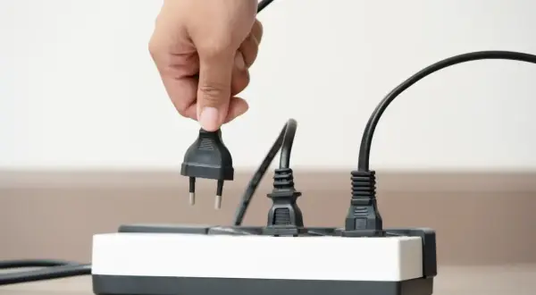 Dłoń podłącza wtyczkę do listwy zasilającej, symbolizując energię dla wirtualnego prosumenta.