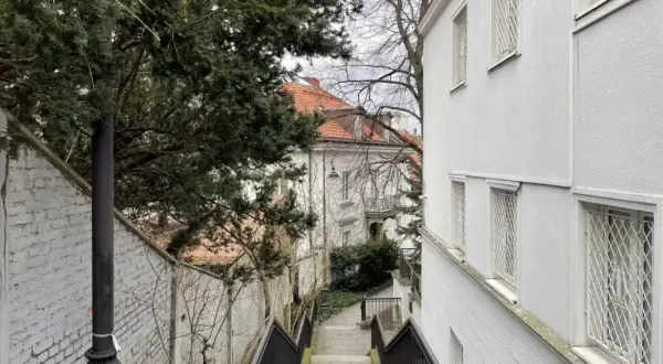 Schody prowadzące do starego domu, gdzie trwa wymiana okien. Widać biały budynek z kratami i drzewa.