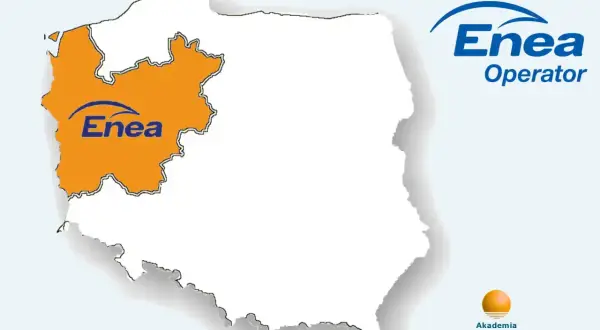 Mapa Polski z zaznaczonym obszarem działania Enea Operator. Logo Enea i napis "Akademia Fotowoltaiki". Taryfa G11 Enea.