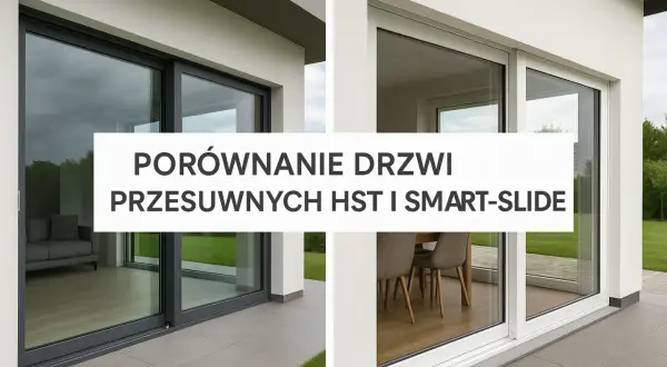 Porównanie drzwi przesuwnych HST i smart-slide. Dwa ujęcia nowoczesnych drzwi tarasowych, jedno z ciemną ramą, drugie z białą.