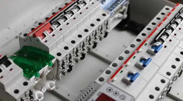 Nowe korki od prądu w rozdzielnicy elektrycznej, gotowe do podłączenia.