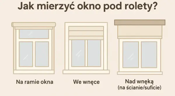 Ilustracja pokazuje, jak zmierzyć okno pod rolety: na ramie, we wnęce lub nad wnęką.