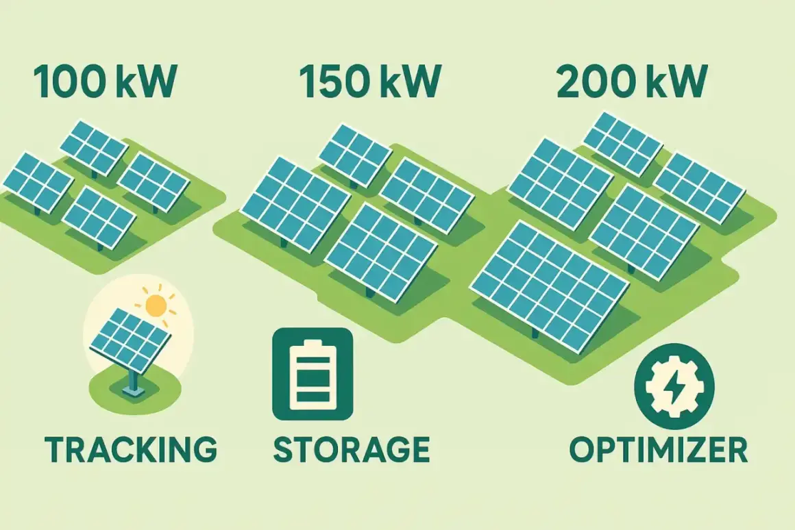Ilustracja porównuje wielkość farm fotowoltaicznych: 100 kW, 150 kW i 200 kW. Pokazuje też opcje: śledzenie słońca, magazynowanie energii i optymalizację.