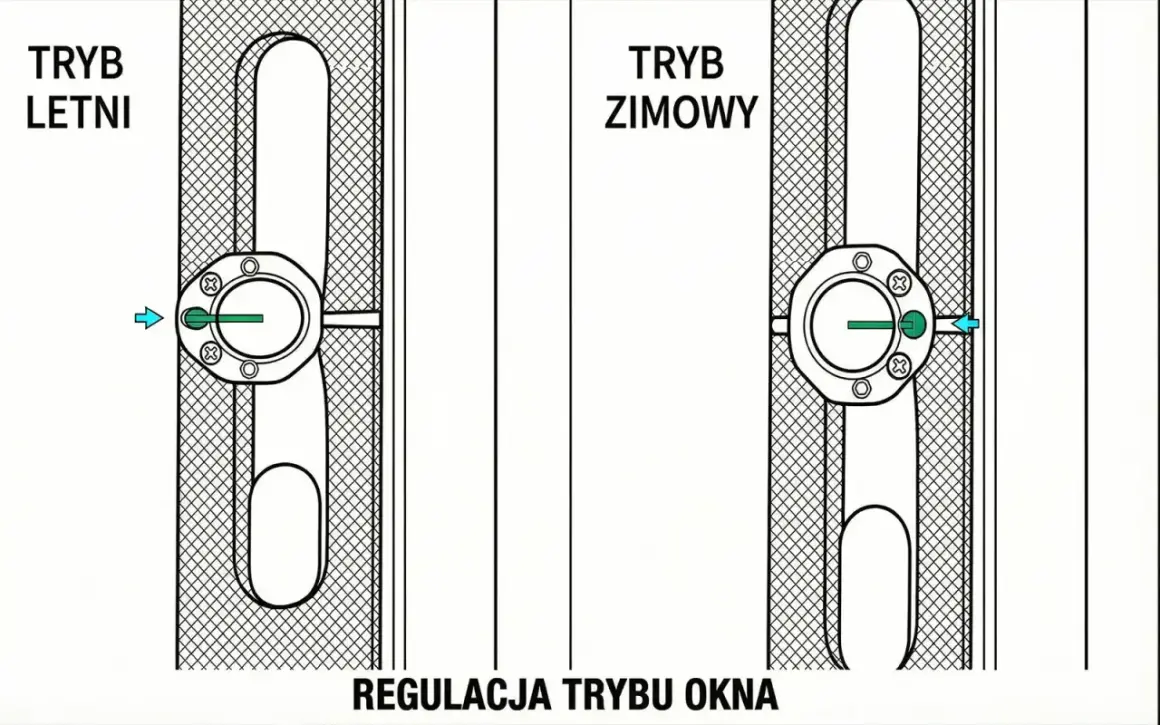 Regulacja okien: tryb letni i zimowy. Pokazano mechanizm okna z uchwytem w dwóch pozycjach.