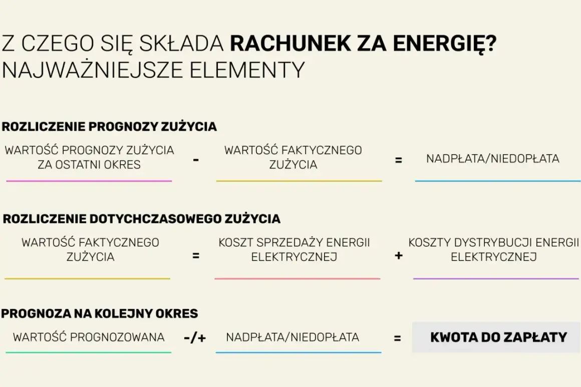 Rozliczenie rachunku za energię: prognoza vs. faktyczne zużycie, koszty sprzedaży i dystrybucji. W razie wątpliwości, urząd regulacji energetyki rozpatrzy skargi.
