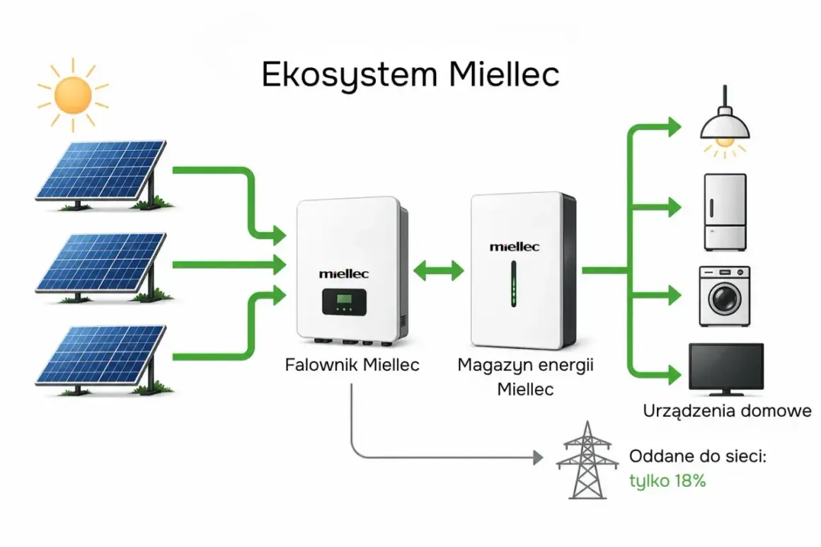 Schemat ekosystemu Miellec: panele fotowoltaiczne, falownik, magazyn energii, urządzenia domowe i oddawanie nadwyżek do sieci. Sprzedaż energii z fotowoltaiki przez firmę.