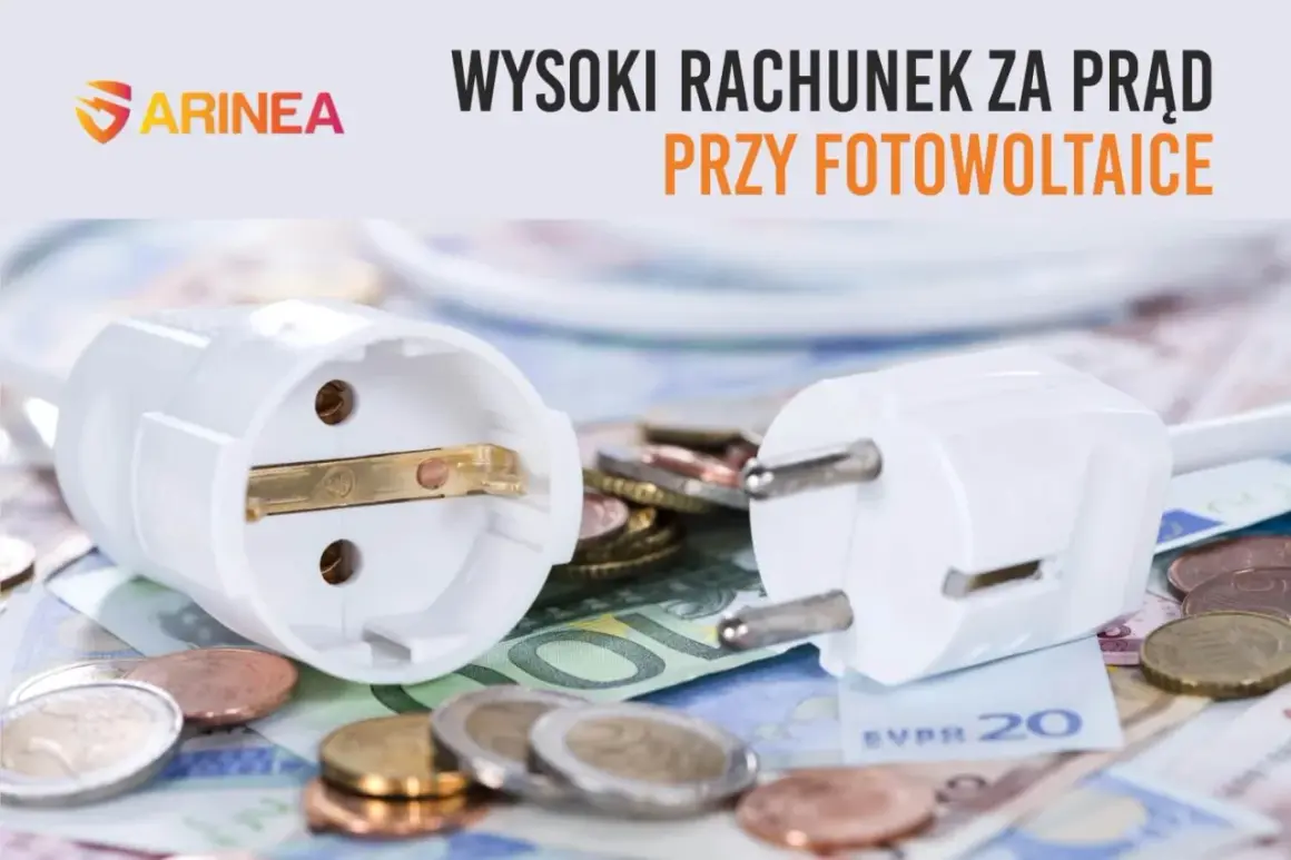 Wysoki rachunek za prąd przy fotowoltaice? Wtyczki i monety na banknotach sugerują kosztowną energię, mimo inwestycji w zielone źródła.