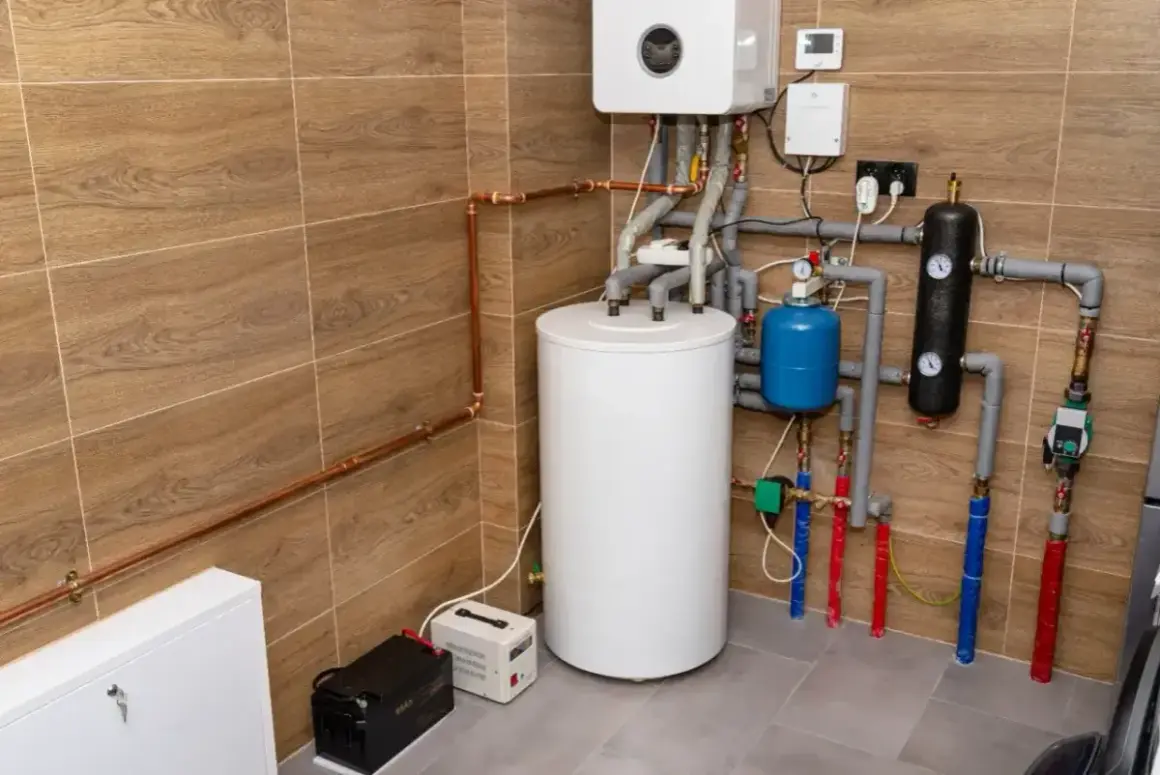 Kotłownia gazowa powyżej 60 kW wymaga odpowiedniego osprzętu, jak ten widoczny na zdjęciu: bojler, zbiornik przeponowy, pompy i liczne rury.