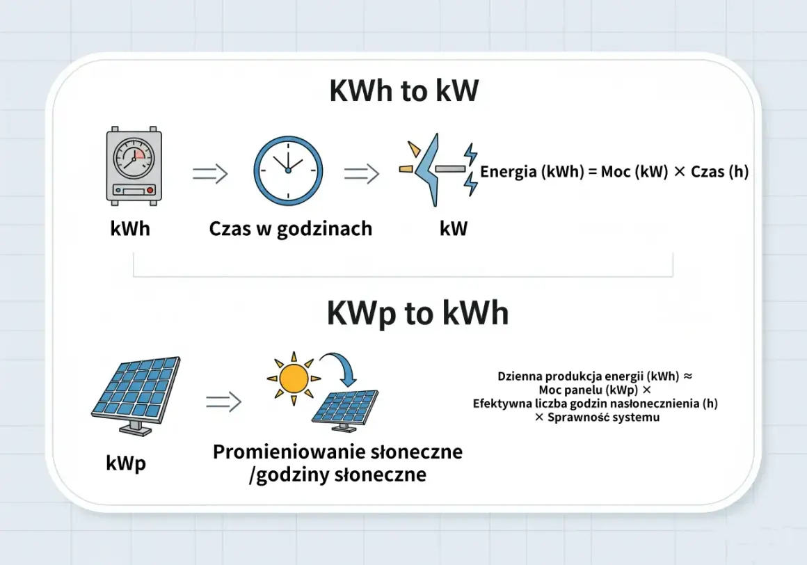 Wyjaśnienie, co to kWp: moc panelu (kWp) pomnożona przez efektywną liczbę godzin nasłonecznienia (h) daje dzienną produkcję energii (kWh).