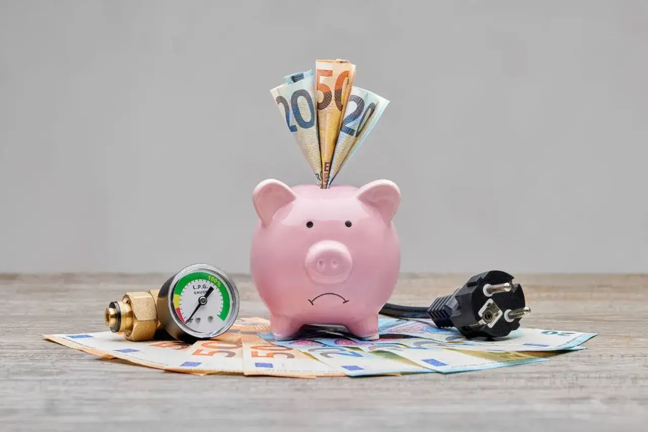 Różowa świnka-skarbonka z euro, manometr LPG i wtyczka elektryczna na banknotach. Symbolizuje oszczędności i potencjalną zmianę dostawcy gazu.